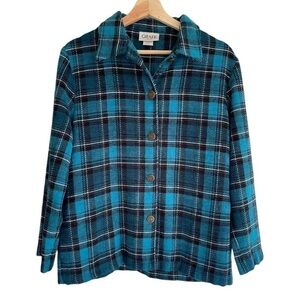 Vintage Graff Petite Turquoise Aqua Black Plaid Soft Acrylic Button Front Jacket